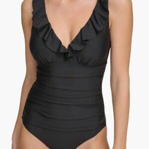 DKNY Ruffle Plunge One-Piece Swimsuit Women's Size 6 Black NWOT